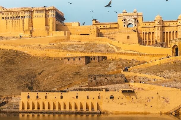 Majestic Amer Fort overlooking the Aravalli hills, one of the best places to visit in Jaipur India.