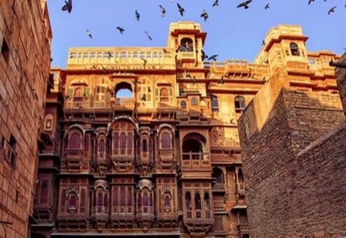 Intricately carved Patwon Ki Haveli, among the historic tourist places in Jaisalmer.