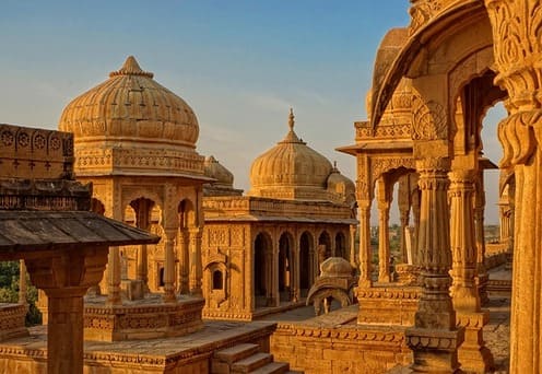 Royal cenotaphs at Bada Bagh during sunset, one of the scenic tourist places in Jaisalmer.